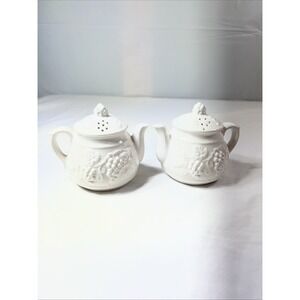 Vintage Ceramic Teapot Salt Pepper Shakers Enesco Japan White Classy Grapevine